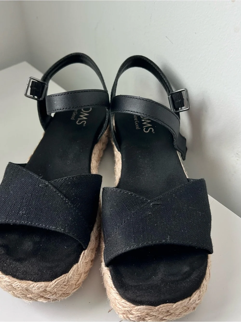 Toms Black Platform Espadrille Sandals with Braided Jute Sole - Women
